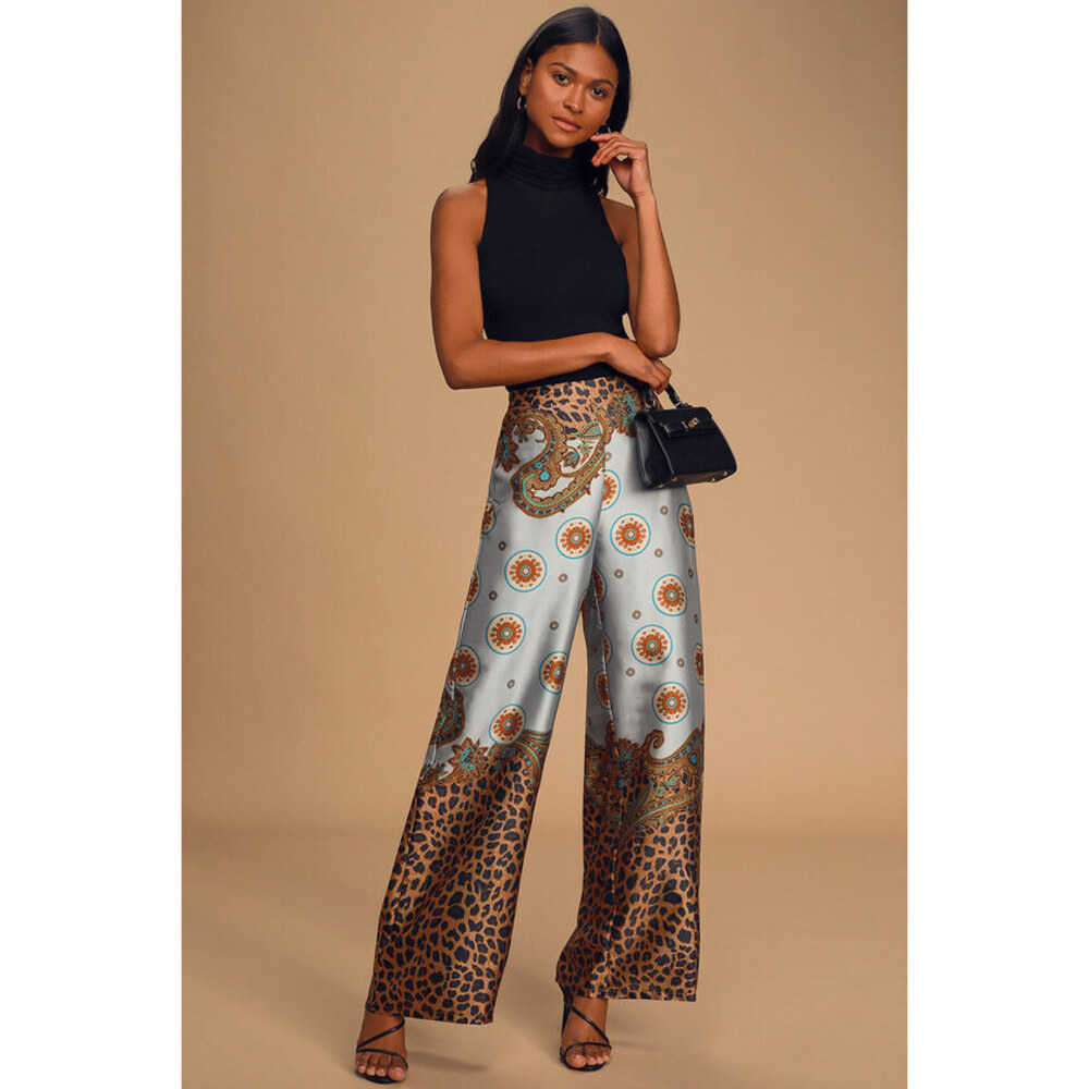 NWT Lulus Island Getaway Blue Multi Scarf Print Satin Wide-leg Pants - Size S